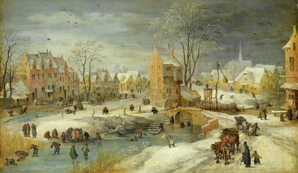 Landsby om vinteren (olie på eg)